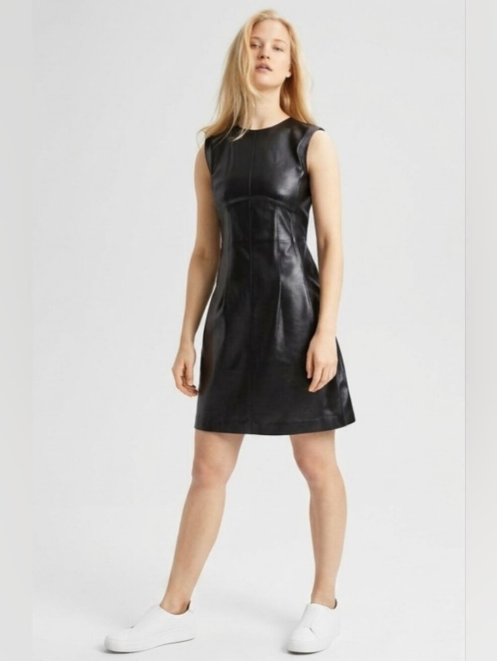 ZARA Classic Black Faux Leather Sheath Dress - Women L P2P17 L34